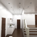 hallway with mounted black fire-rated downlights