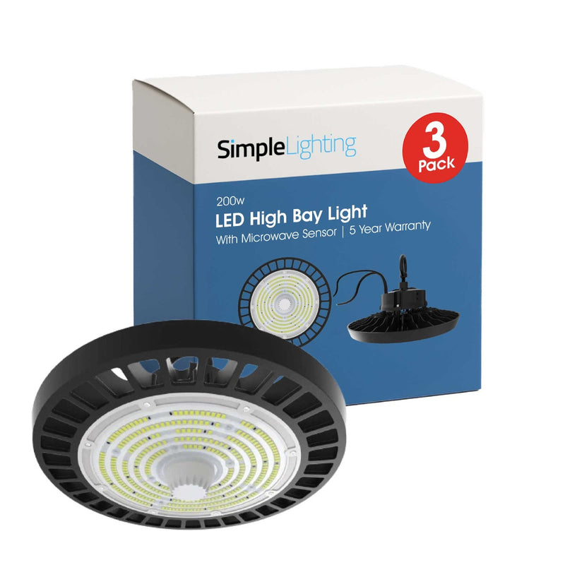 A box of a 3-pack 200W LED high bay light with a product shot at the front, on a white background