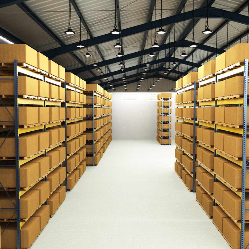 warehouse with mounted 200w LED high bay lights