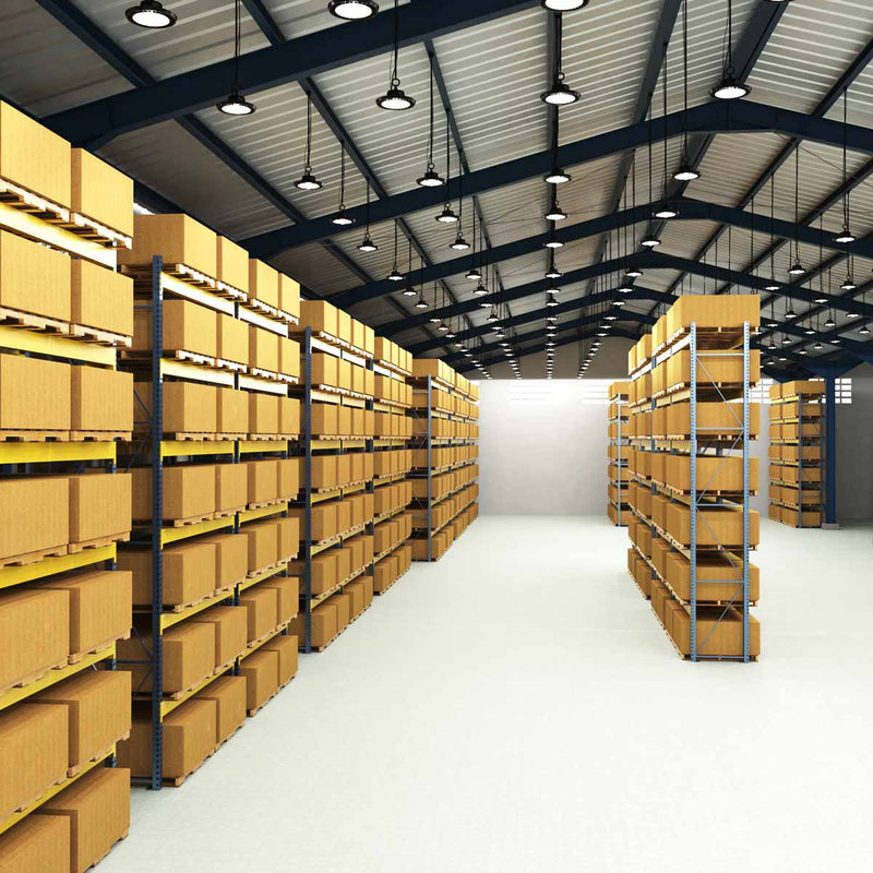 warehouse with mounted 110w high bay lights