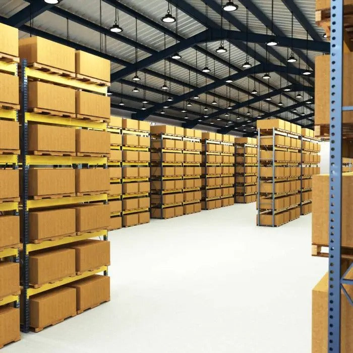 full shot of a warehouse with 200w, LED High Bay Lights