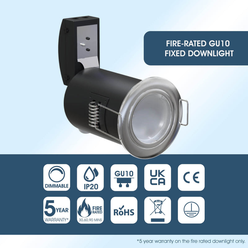 Die-Cast, Fire Rated LED Downlight, GU10, Dimmable, Twist and Lock. Choice of colours.