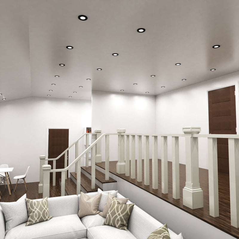 landing area with mounted black fire-rated downlights