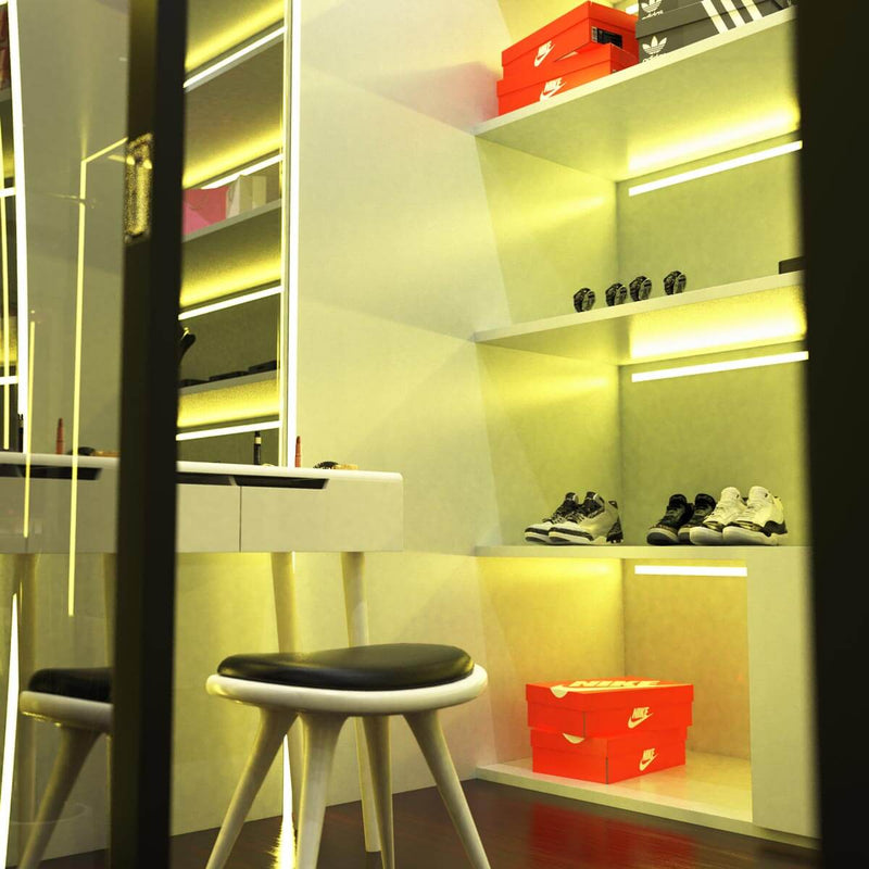 Plaster in led profile in apartment shoe cupboard