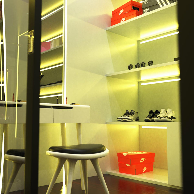 side shot of closet shelves with mounted plaster-in LED profiles