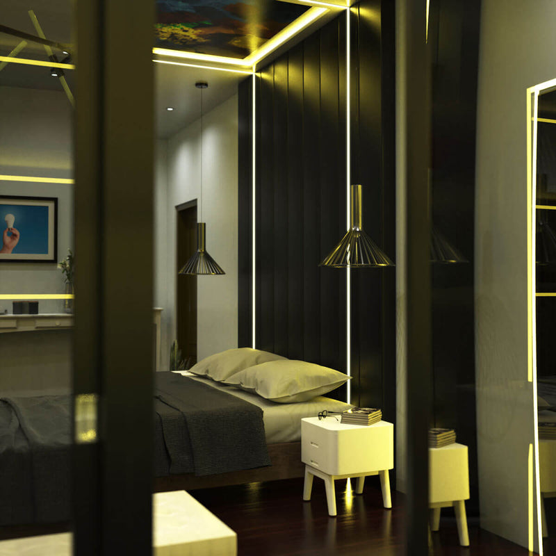 Plaster in led profile in apartment by pendants