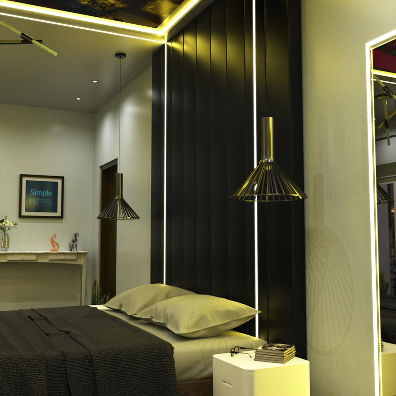 side shot of a bedroom with mounted plaster-in LED profiles