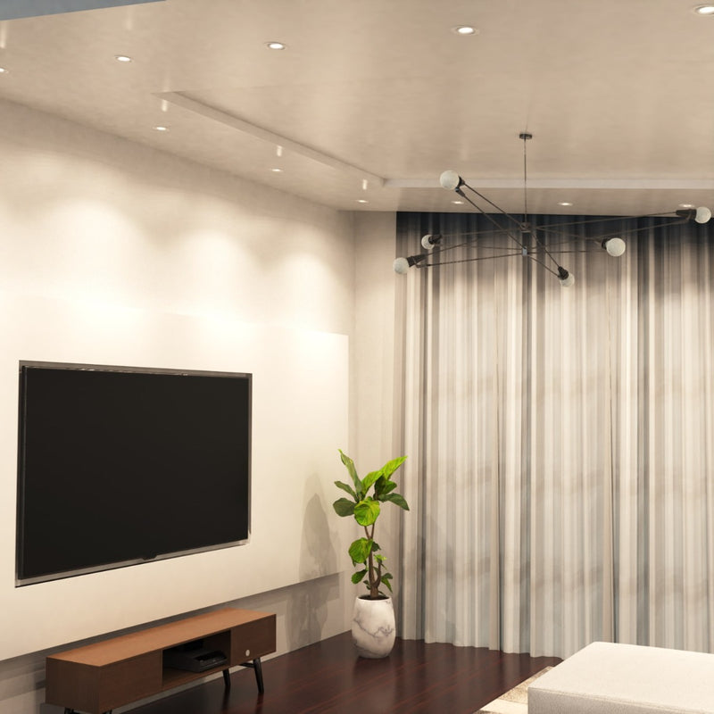 living room corner with white downlights in natural white lights