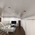 living room with mounted black fire-rated downlights