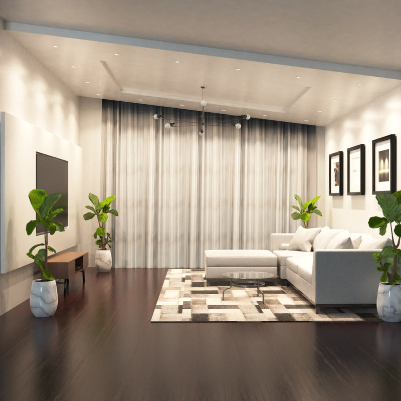 living room with white downlights in natural white light