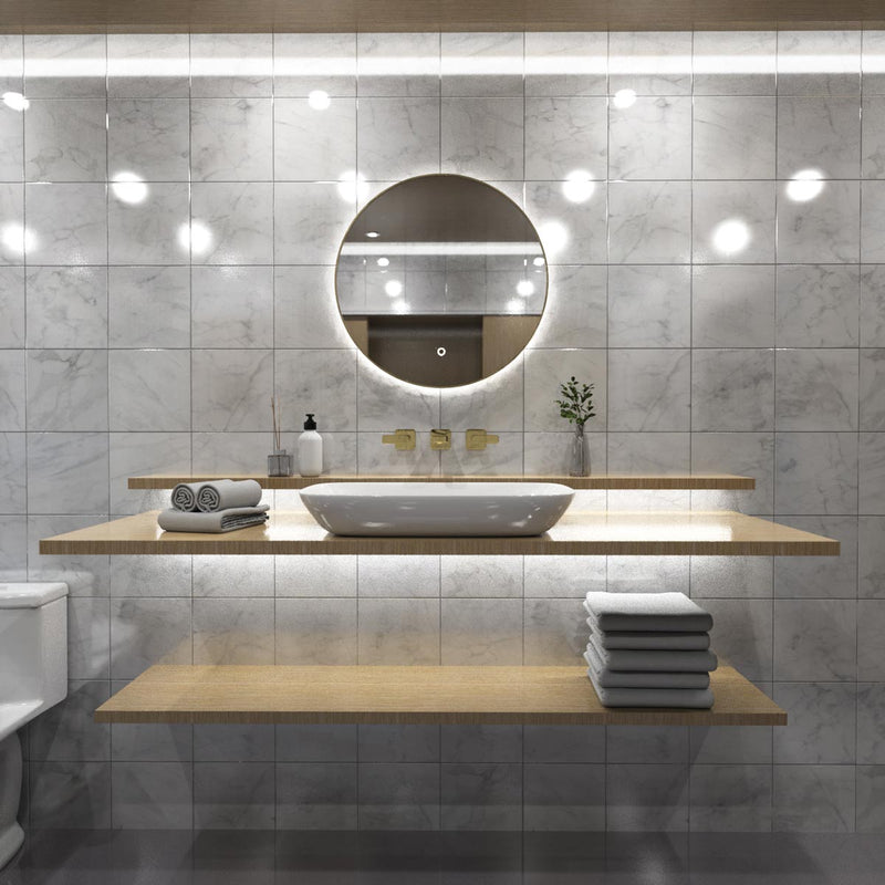 loo setting with LED Bathroom mirror in natural white light full view shot