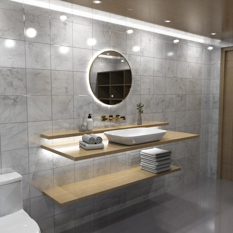 loo setting with LED Bathroom mirror in natural white light full view shot