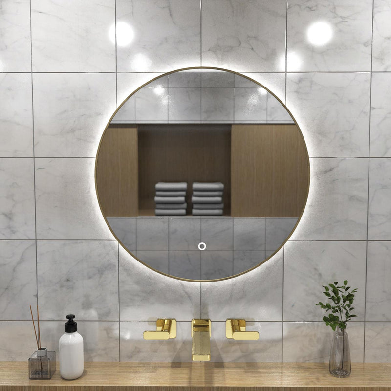 loo setting with LED Bathroom mirror in natural white light full view shot front facing