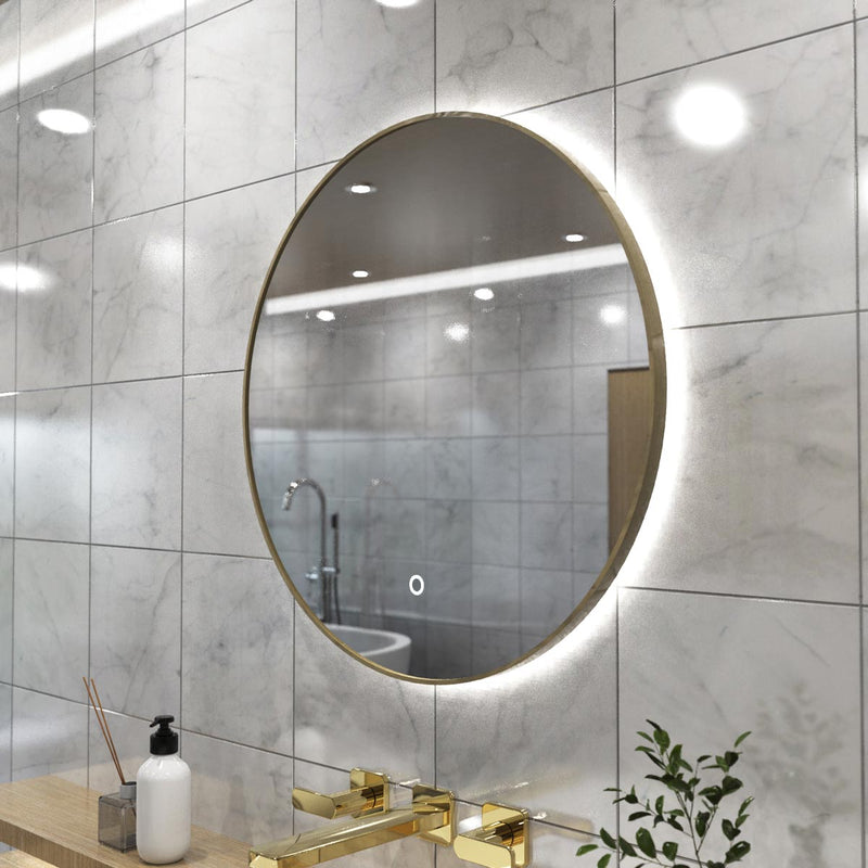 loo setting with LED Bathroom mirror in natural white light full view shot facing left