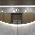 loo setting with LED Bathroom mirror in natural white light, close up front facing shot
