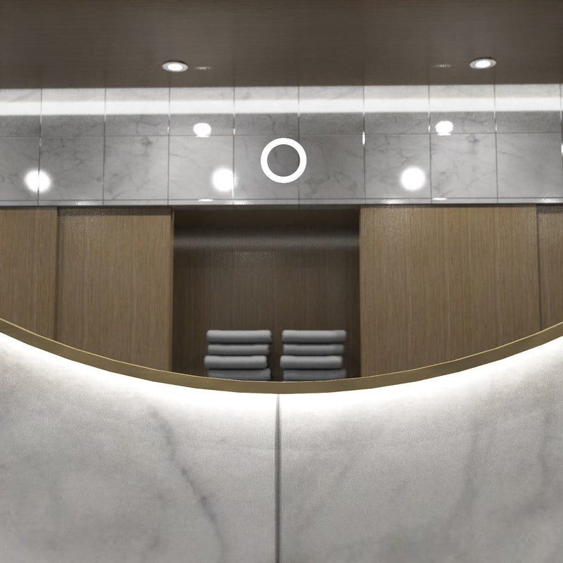 loo setting with LED Bathroom mirror in natural white light, close up front facing shot