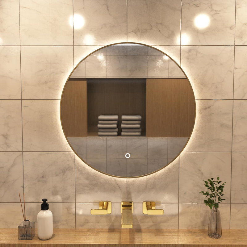 LED Bathroom mirror in Oak in warm white front facing view