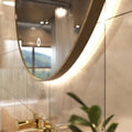 LED Bathroom mirror in Oak in warm white facing on the left close up