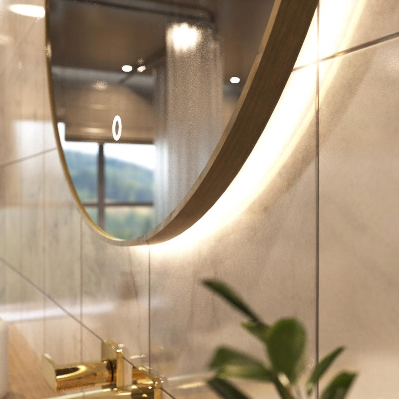 LED Bathroom mirror in Oak in warm white facing on the left close up