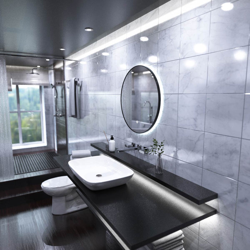 LED Bathroom Mirror - Black Brush in the loo setting in cool white light elegant backlit