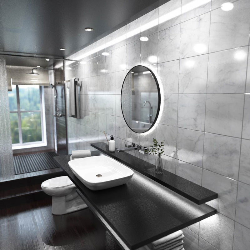 LED Bathroom Mirror - Black Brush in the loo setting in natural white light elegant backlit