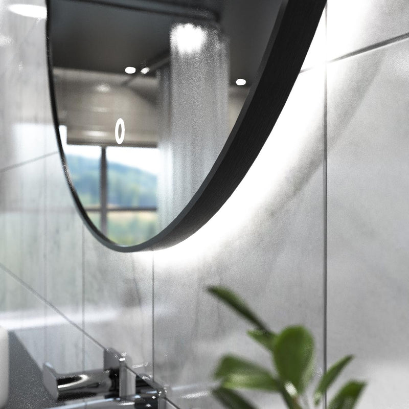 LED Bathroom Mirror - Black Brush in natural white light close up shot