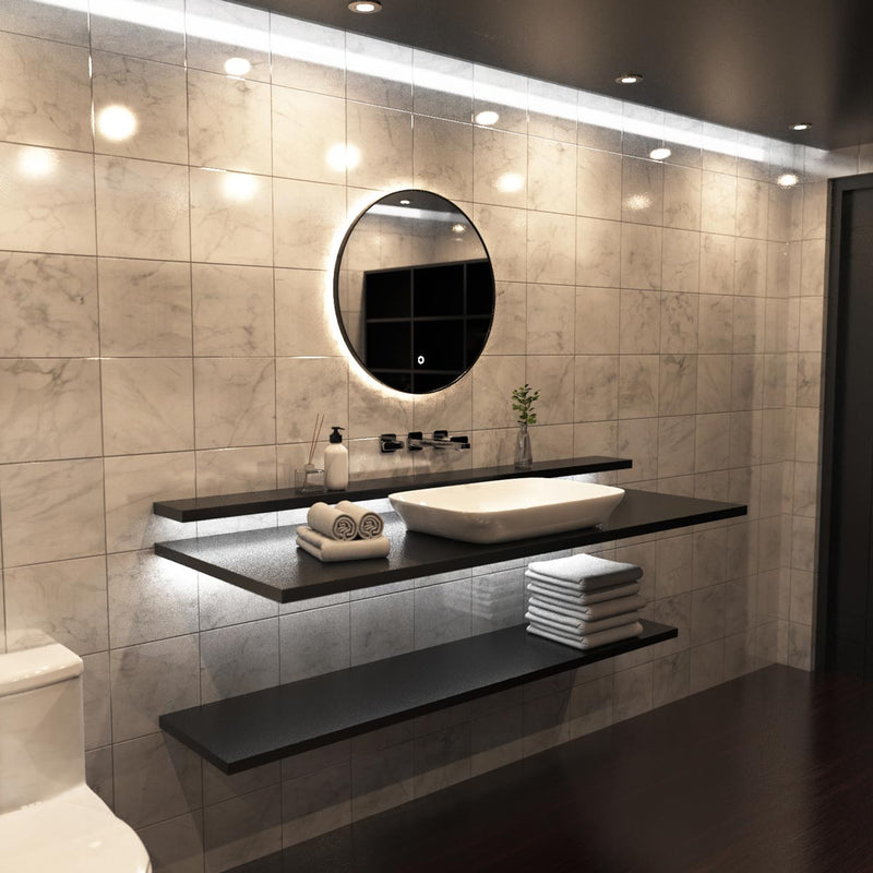 LED Bathroom Mirror - Black Brush in the loo setting in warm white light