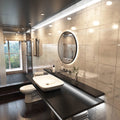 LED Bathroom Mirror - Black Brush in the loo setting in warm white light elegant backlit