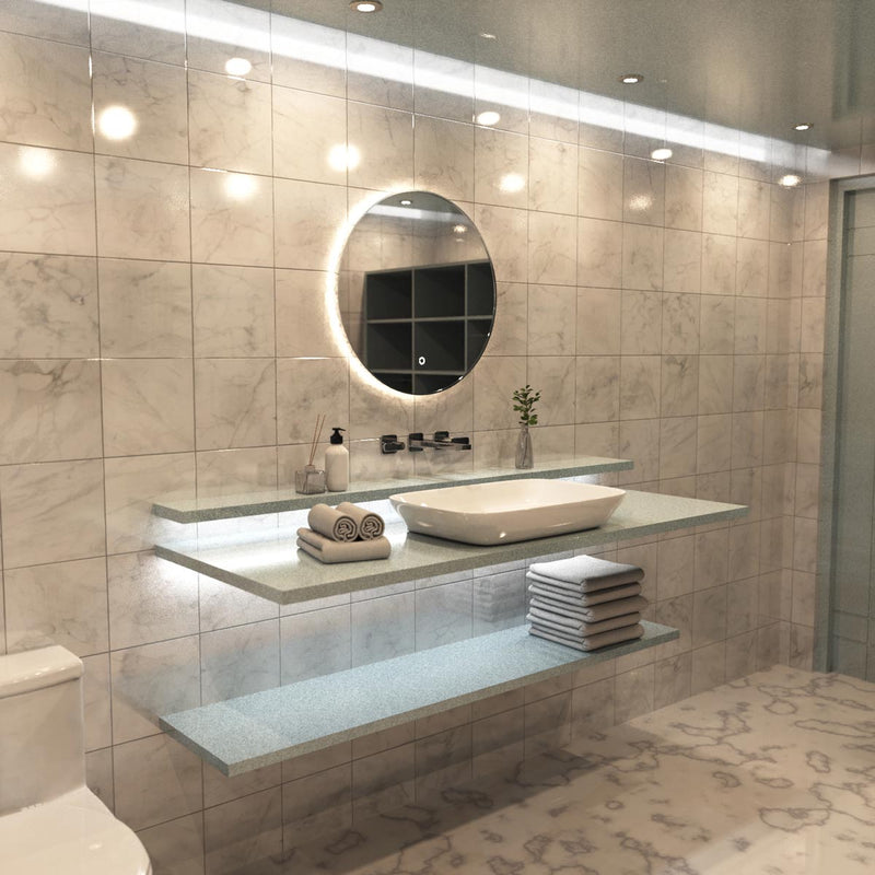 Loo setting LED Bathroom mirror in warm white light full view shot