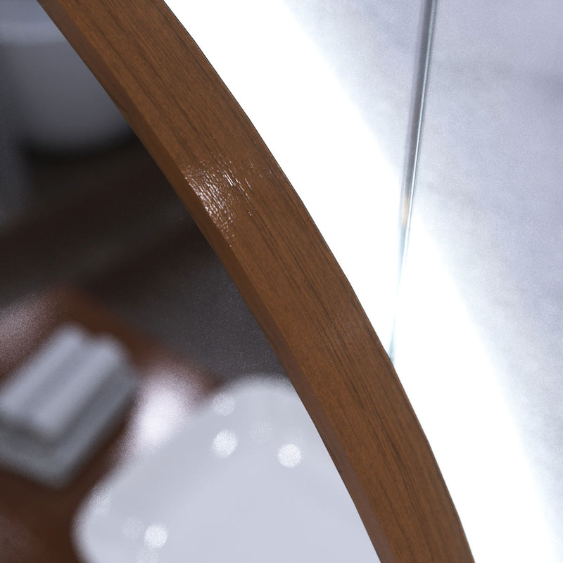 LED Bathroom mirror - Walnut in cool white light backlit close up
