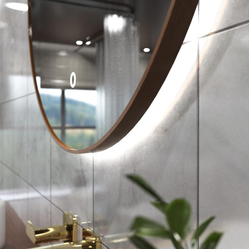 LED Bathroom mirror - Walnut in natural white light backlit close up