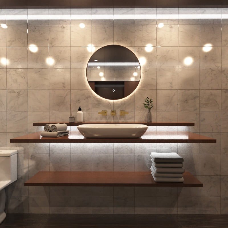 loo setting with LED Bathroom mirror in warm white light full view shot