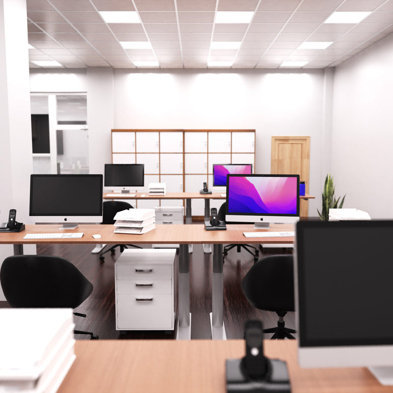 medium close up of an office with cool white panels