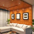 mid shot of a living room with mounted chrome tilted downlights