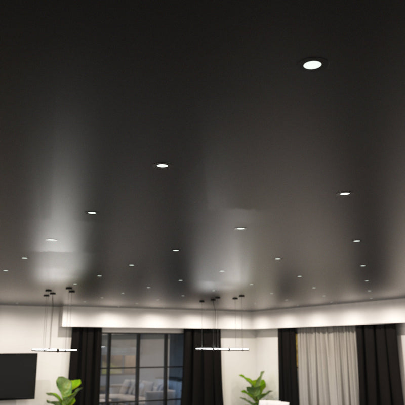 mid shot of a living room with mounted matt black downlight with natural white light