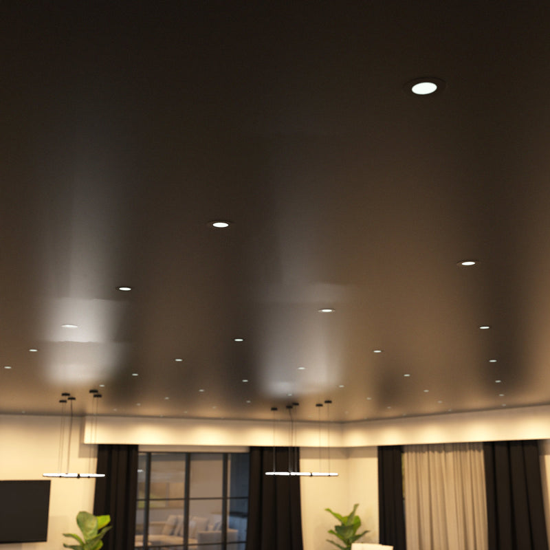 mid shot of a living room with mounted matt black downlight with warm white light