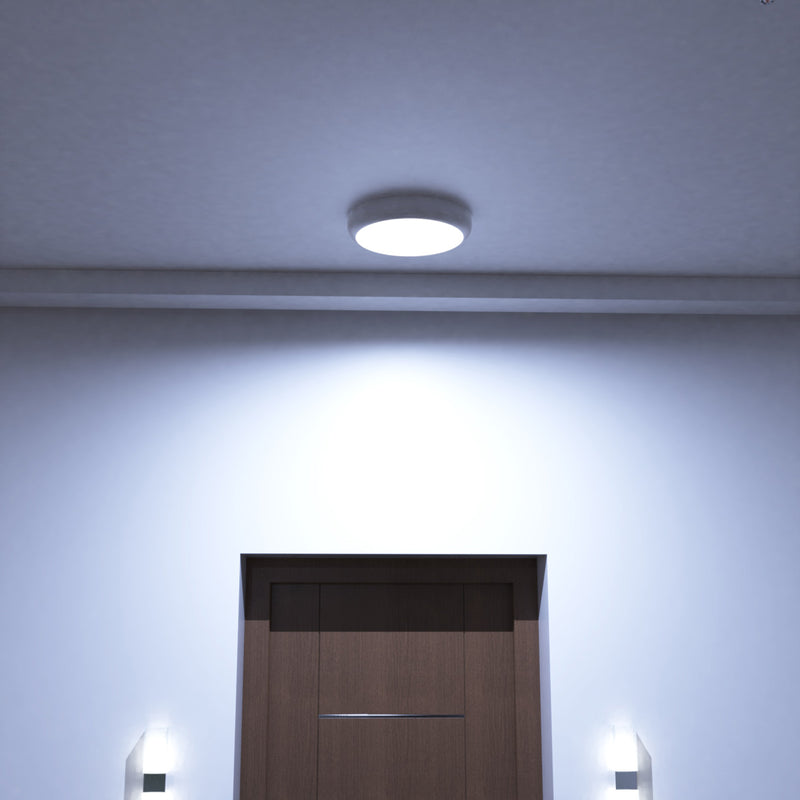 Mid shot of a mounted LED polo bulkhead light with microwave sensor and cool white light