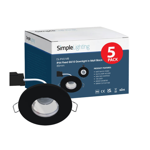 Pack of 5 Matt Black LED Downlights IP65