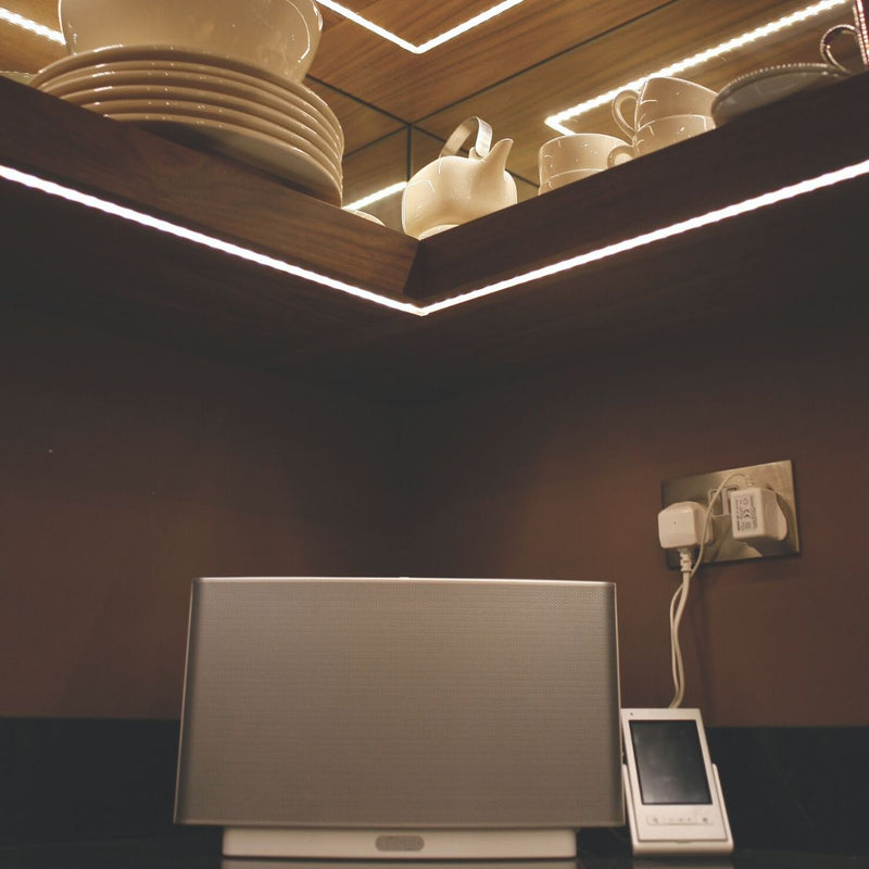 Close-up of a LED taps on a corner shelf