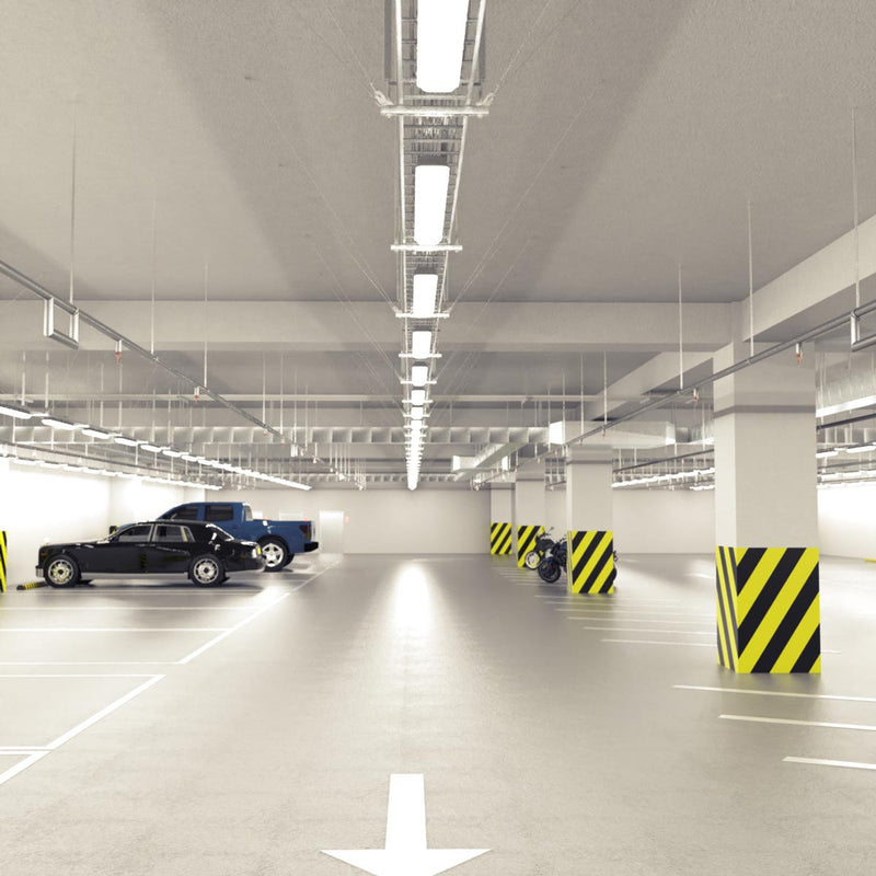 parking lot that has hanging LED battens with natural white light