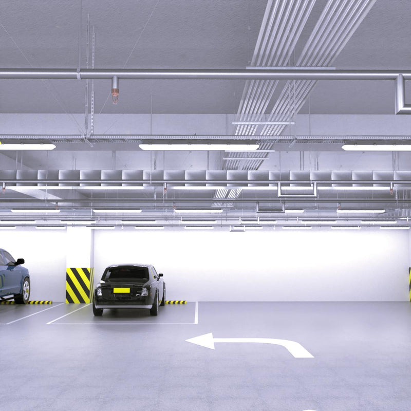 parking lot with mounted batten lights with cool white light