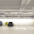 parking lot with hanging natural white LED battens