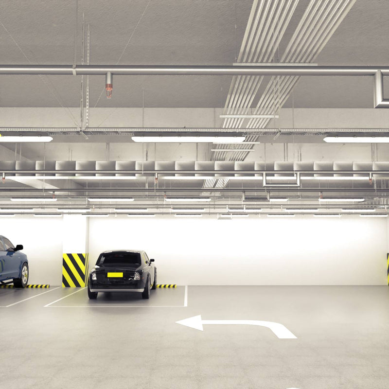 parking lot with mounted batten lights with natural white light