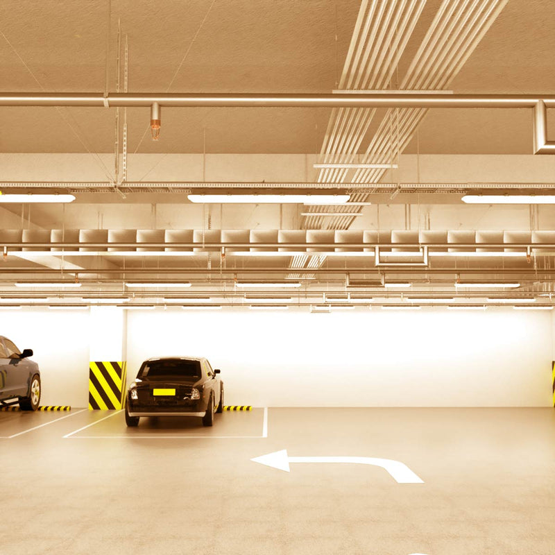 parking lot with hanging warm white LED battens