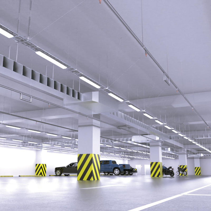 parking with hanging LED battens with cool white light