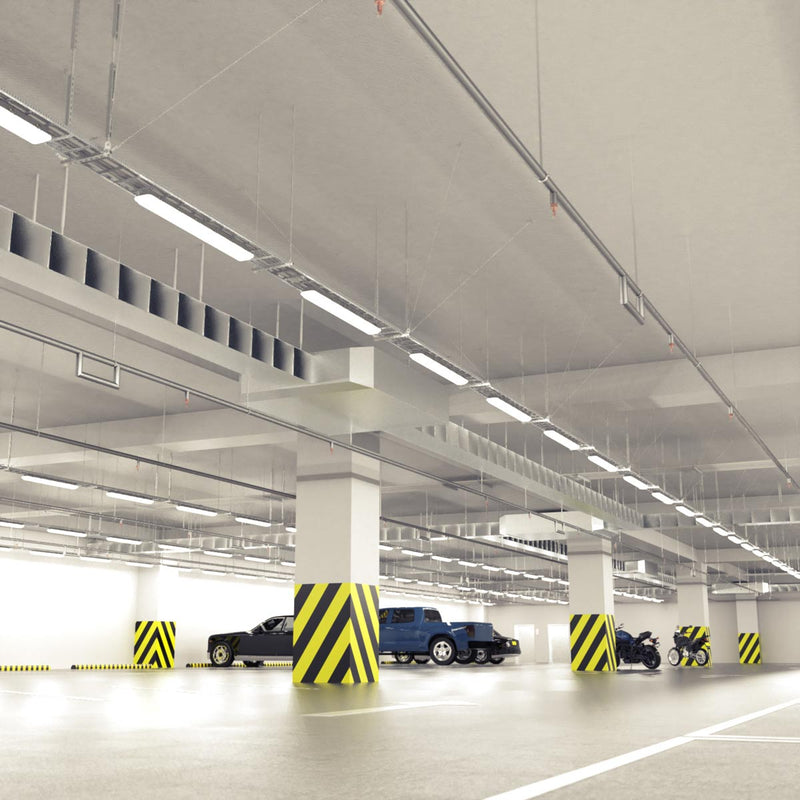 parking that has hanging LED battens with natural white light