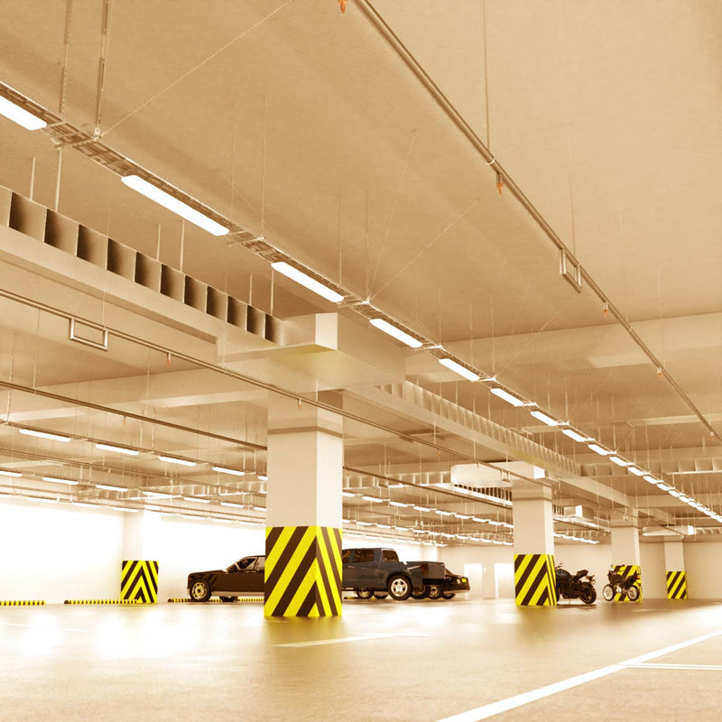 parking with hanging LED battens with warm white light