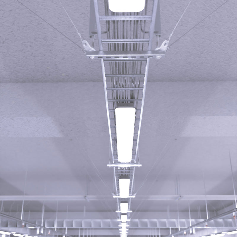 mid shot of hanging LED battens cool white light