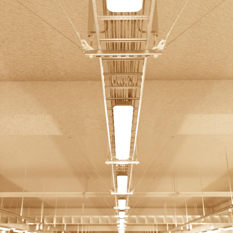 mid shot of hanging LED battens warm white light