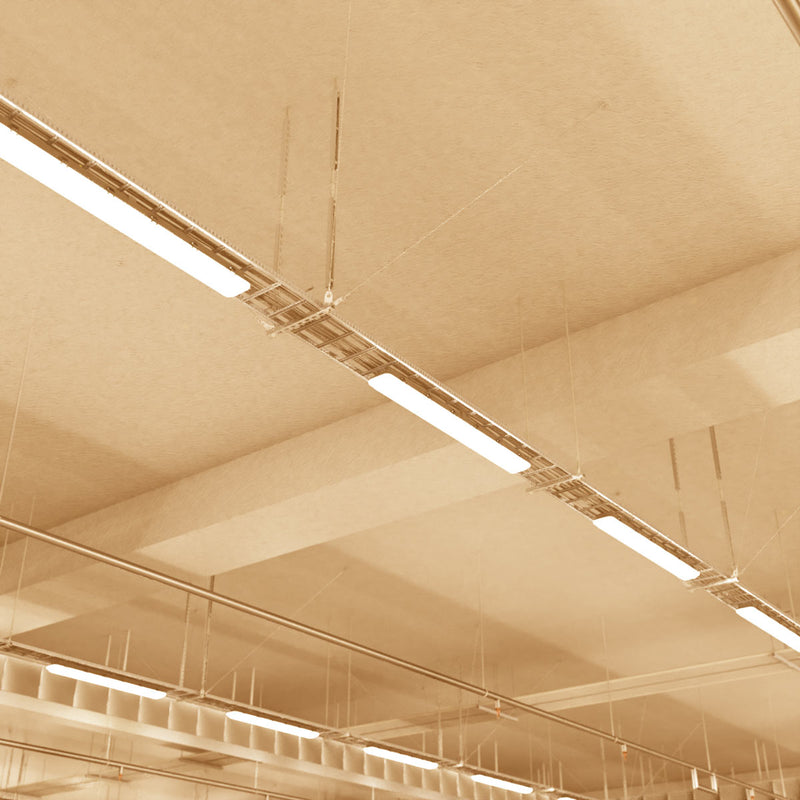 mid shot of hanging LED battens with warm white light